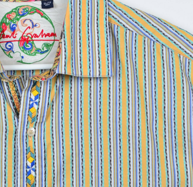 Robert Graham Men's Sz XL Flip Cuff Yellow Striped Geometric Embroidered Shirt