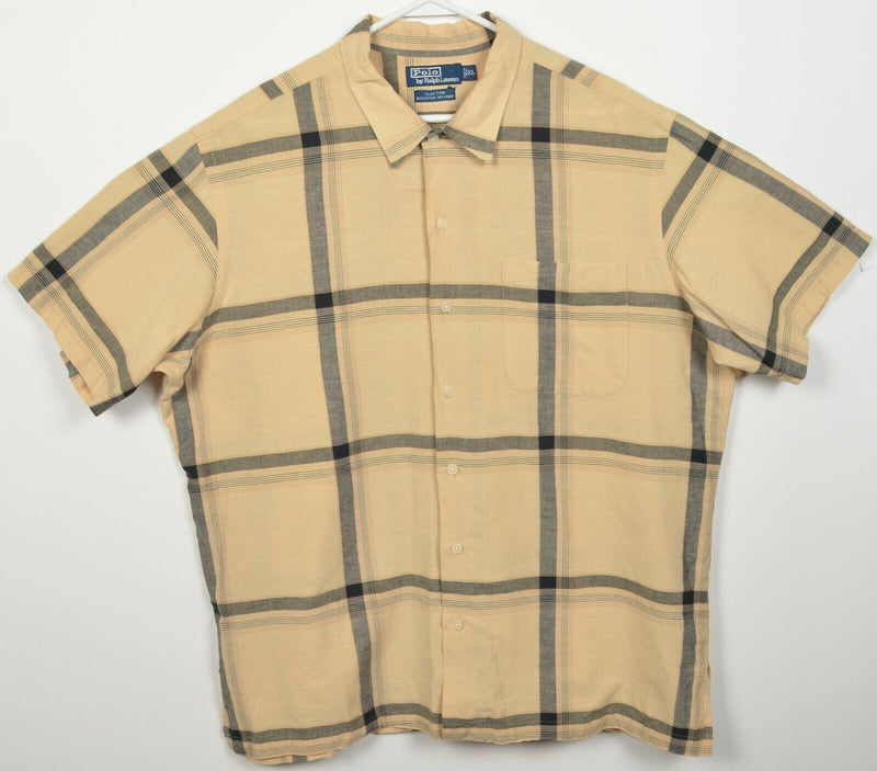 Polo Ralph Lauren Men's XL Cotton Linen Blend Beige Plaid Clayton Camp Shirt