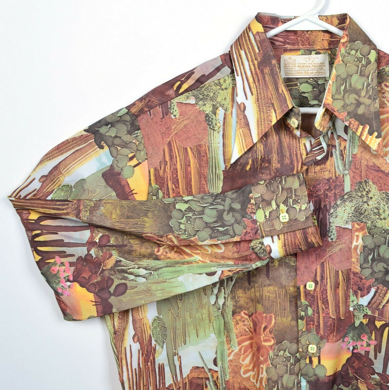 Vintage 70s Sears King's Road Men's Large All-Over Print Cacti Disco Party Shirt