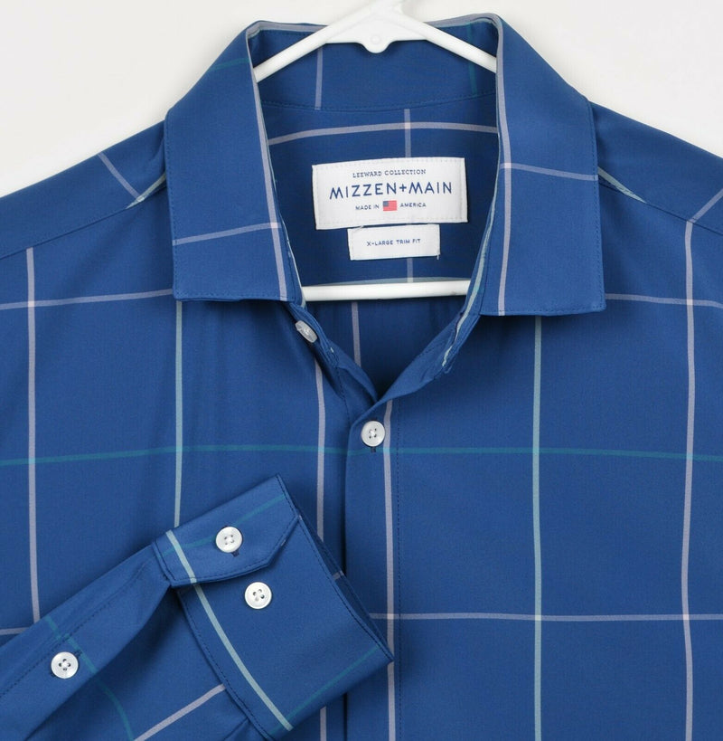 Mizzen+Main Men's XL Trim Fit Blue Windowpane Check Leeward Performance Shirt