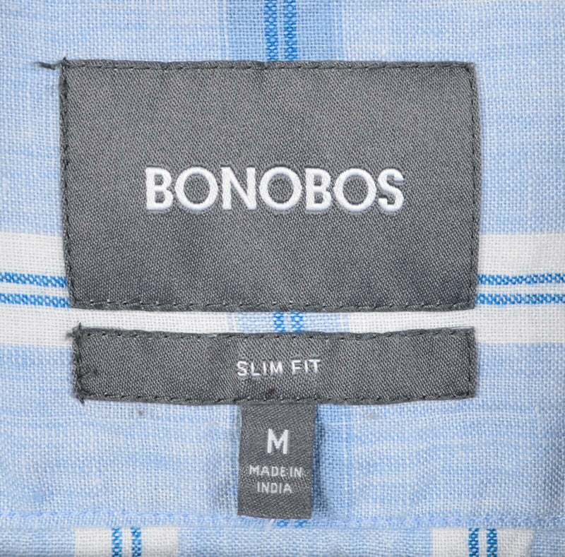 Bonobos Men's Medium Slim Fit Linen Blend Blue White Plaid Button-Front Shirt