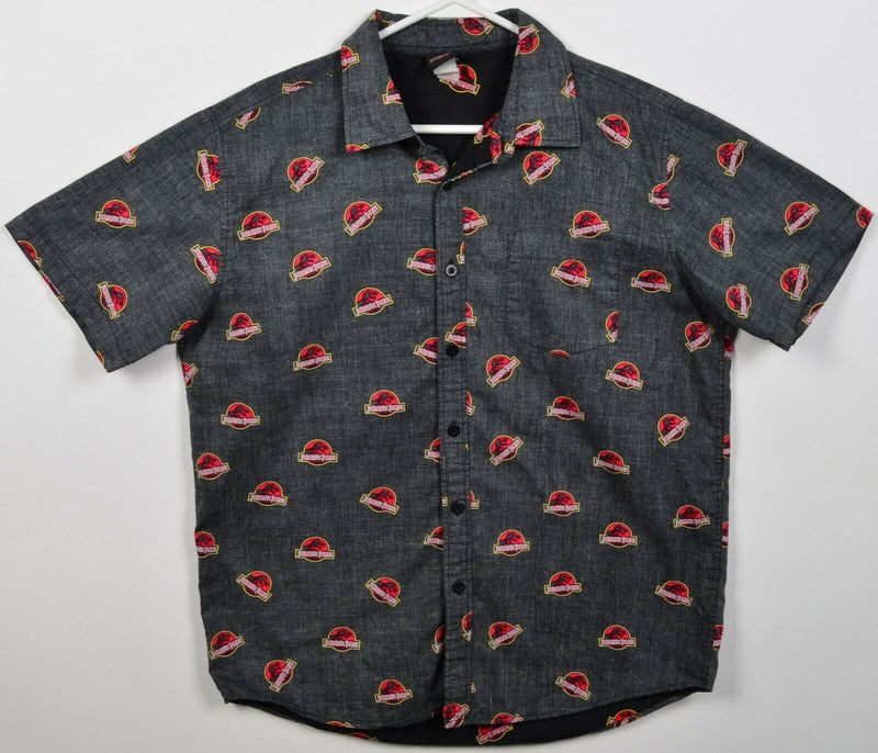 Jurassic Park Men's M/L? Dinosaur Logo Pattern Gray Reverse Print Button Shirt