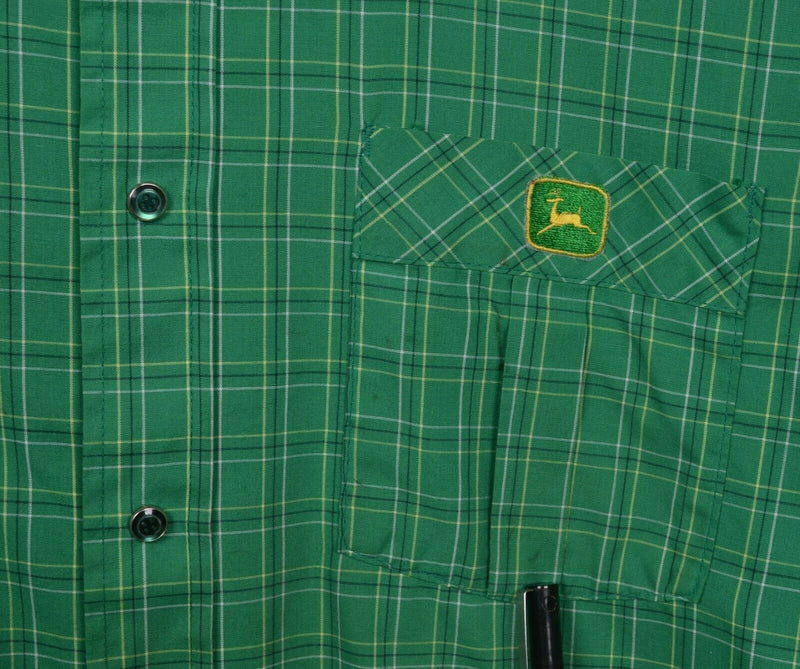 Vintage 60s John Deere Men's Large Pearl Snap Green Plaid Uniform Dealer Shirt