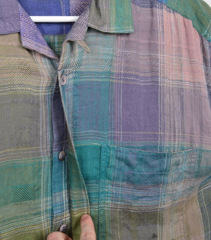 Jhane Barnes Men's Sz Medium 100% Linen Purple Green Plaid Lounge Shirt