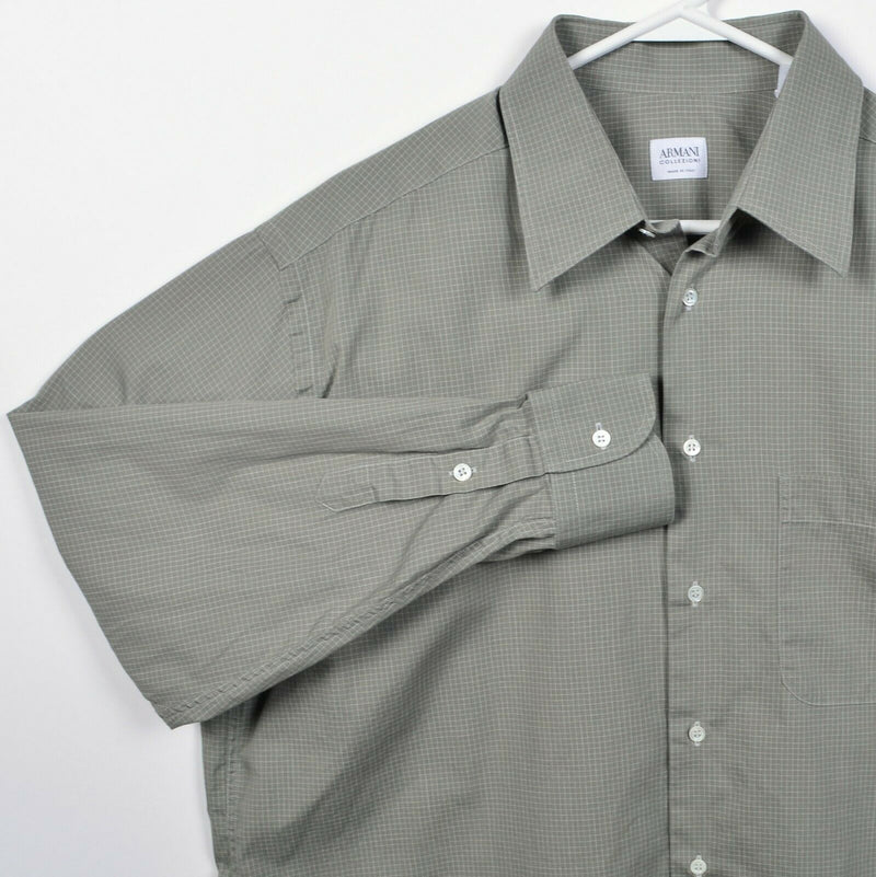 Armani Collezioni Men's 16.5/42 Green Check Made in Italy Button-Front Shirt