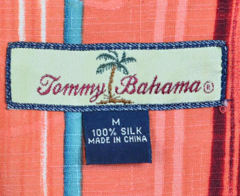 Tommy Bahama Men's Medium 100% Silk Peach Pink Colorful Striped Hawaiian Shirt