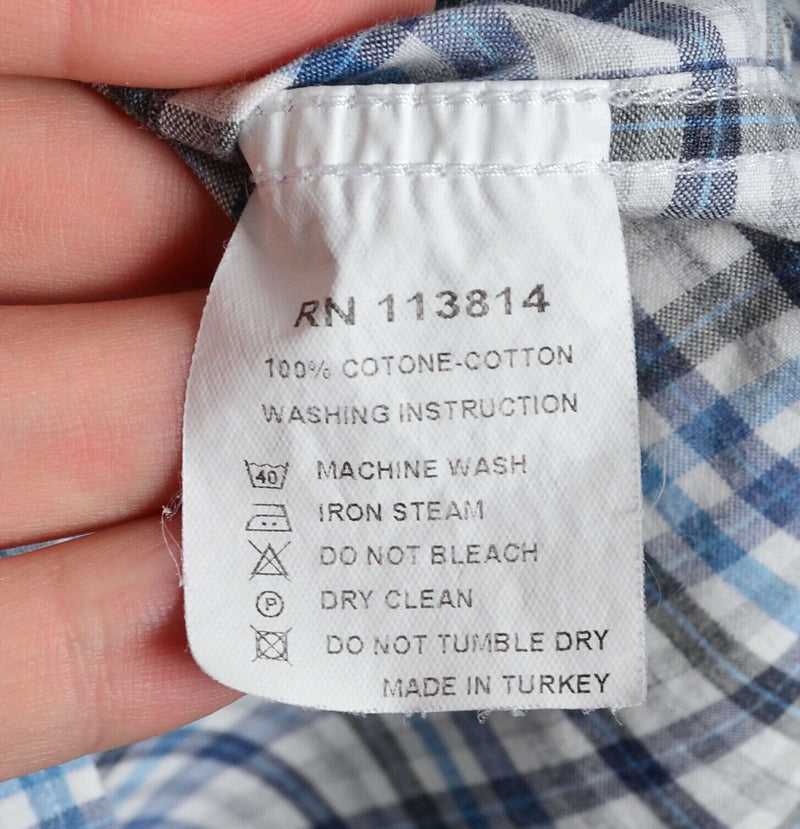 Billy Reid Men's Medium Standard Cut Blue Gray Plaid Check Button-Front Shirt