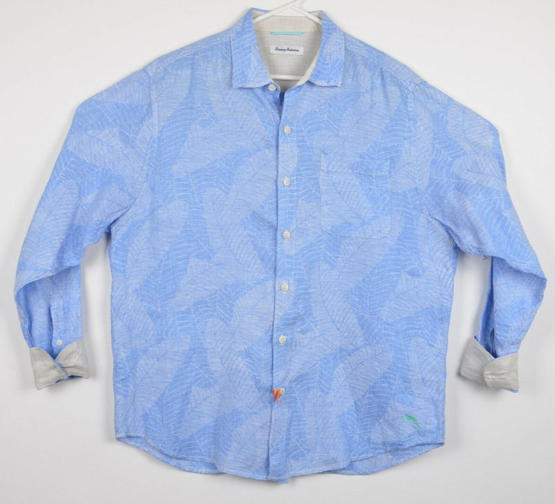 Tommy Bahama Men's Large 100% Linen Flip Cuff Blue Floral Palm Leaves Shirt