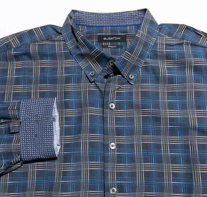 Bugatchi Shirt Men's XL Classic Fit Flip Cuff Plaid Check Blue Party Fun Button