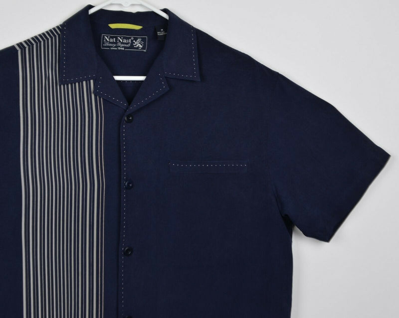 Nat Nast Men's Sz Medium 100% Silk Navy Striped Bowling Camp Hawaiian Shirt