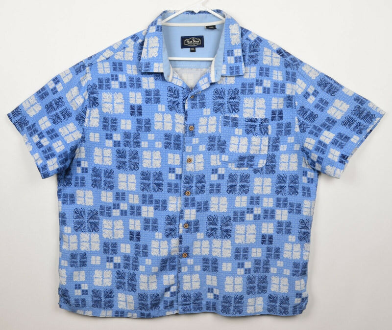Nat Nast Men's Sz 2XL Silk Blend Blue White Geometric Hawaiian Aloha Shirt