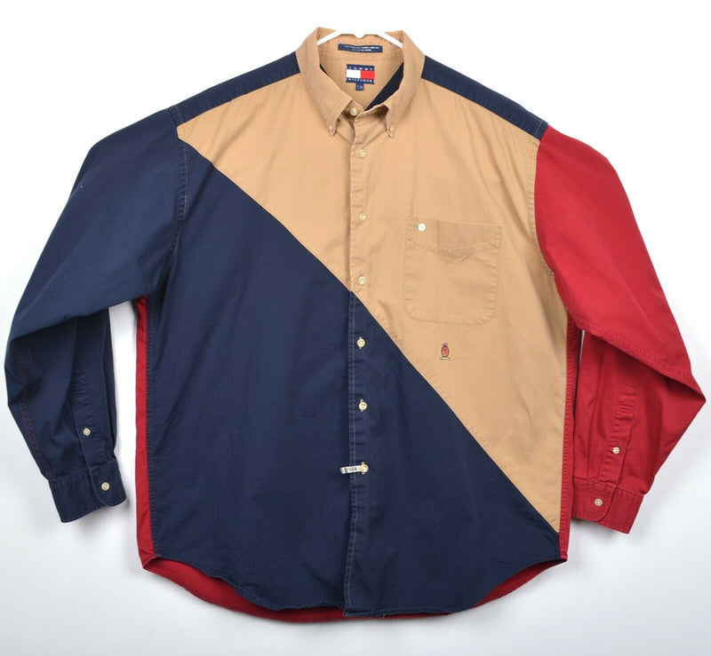 Vintage 90s Tommy Hilfiger Men's Large Colorblock Lion Crest Button-Down Shirt