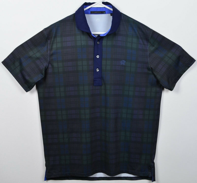 Greyson Men's Medium Green Navy Blue Tartan Plaid Wicking Golf Polo Shirt