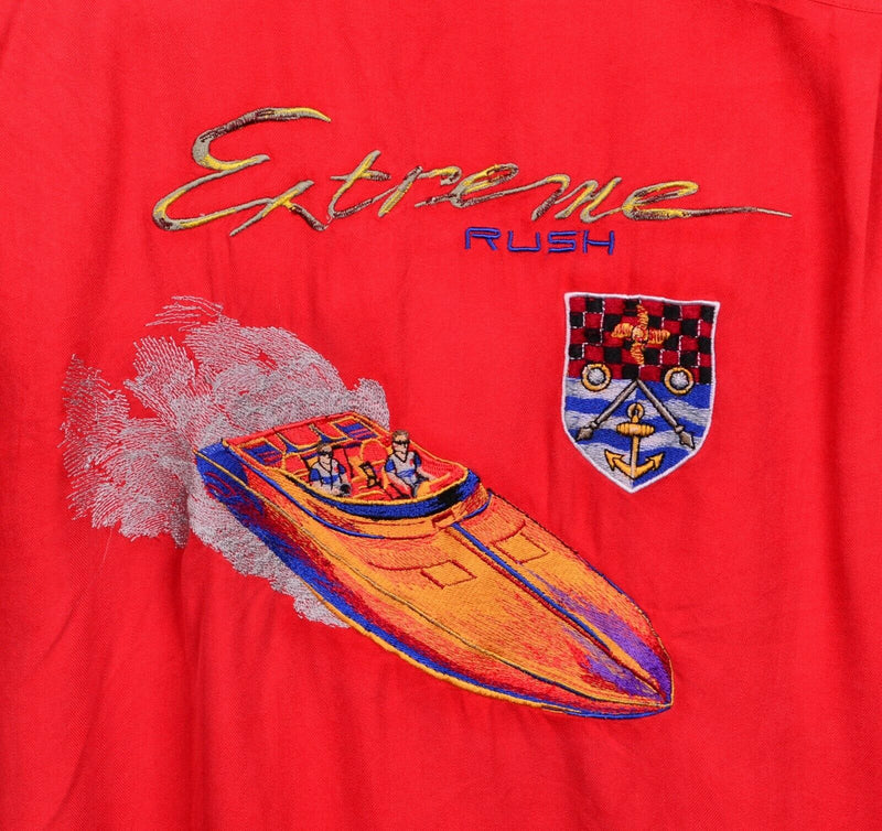 Luau Men's Sz Large Embroidered Speedboat Extreme Rush 100% Silk Hawaiian Shirt