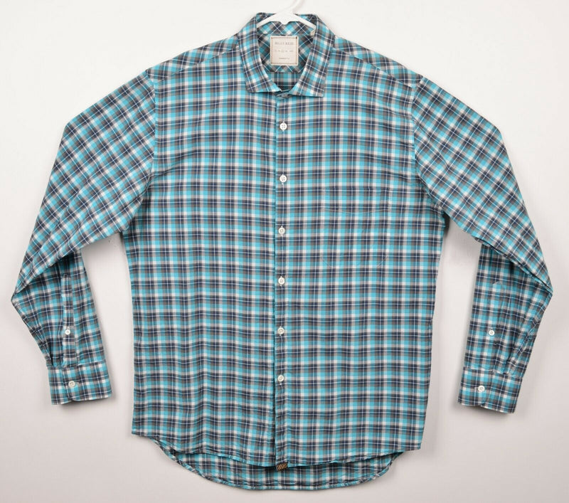 Billy Reid Men's Large Standard Cut Blue Gray Plaid Cutaway Button-Front Shirt