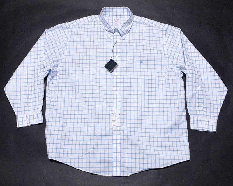 Brooks Brothers Madison Dress Shirt Men 2XL White Blue Check Non-Iron Brookscool