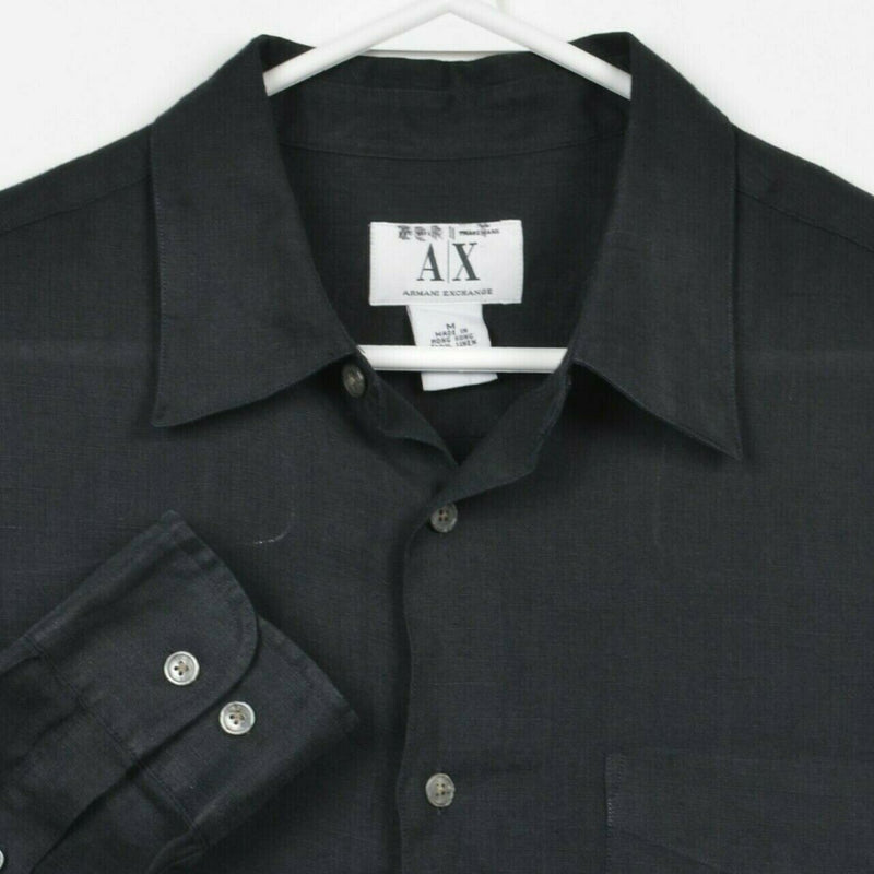 Armani Exchange A|X Men's Medium 100% Linen Solid Black Button-Front Shirt