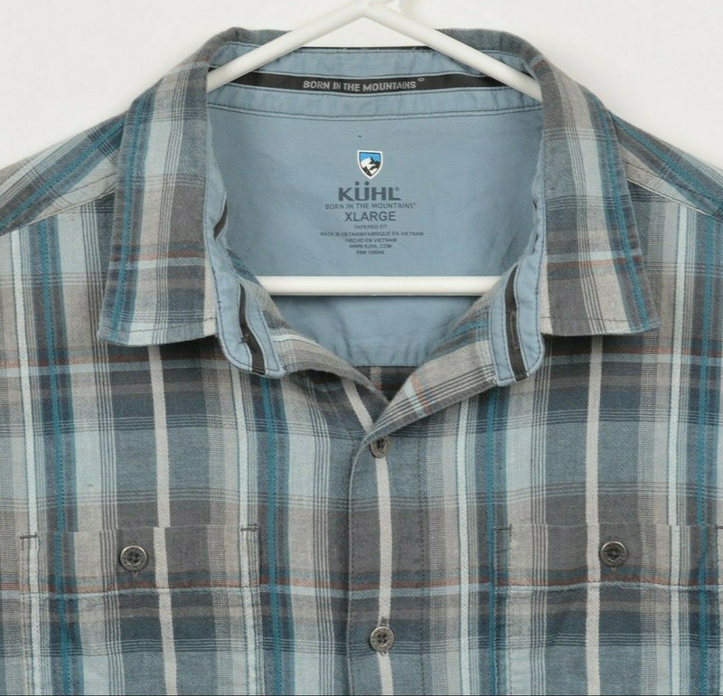 Kuhl Men's XL Tapered Fit Linen Cotton Blend Gray Blue Hiking Button-Front Shirt
