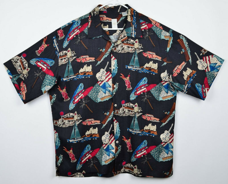 Burma Bibas Men's Sz Large 100% Silk Sailboat Guitar Cars Hawaiian Shirt