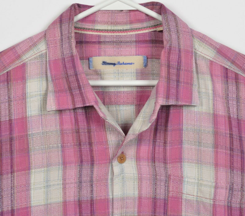 Tommy Bahama Men's XL 100% Silk Pink Plaid Hawaiian Aloha Camp Shirt