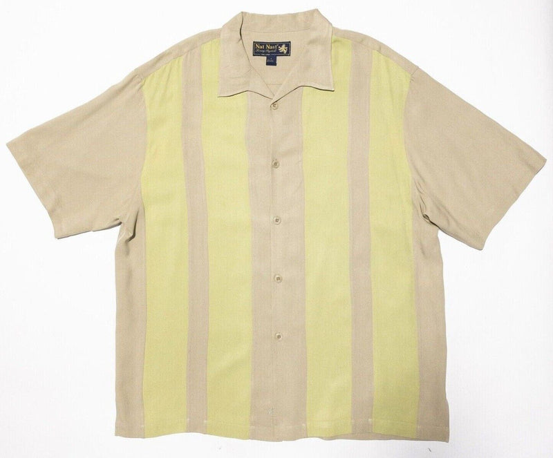 Nat Nast Silk Shirt Large Men's Panel Striped Bowling Retro Yellow Tan Hawaiian