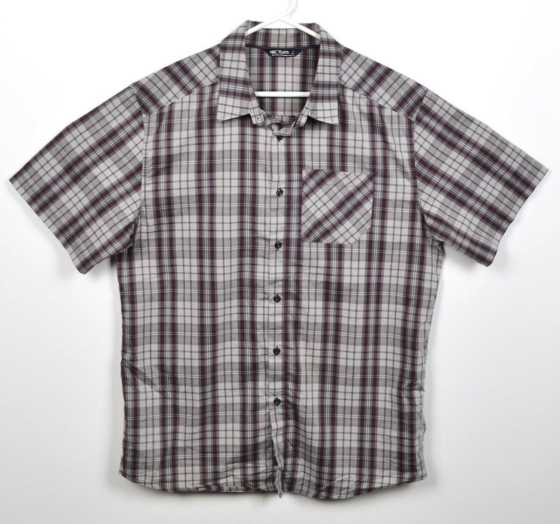 Arc'teryx Men's Large Gray Burgundy Plaid Cotton Blend Hiking Button-Front Shirt