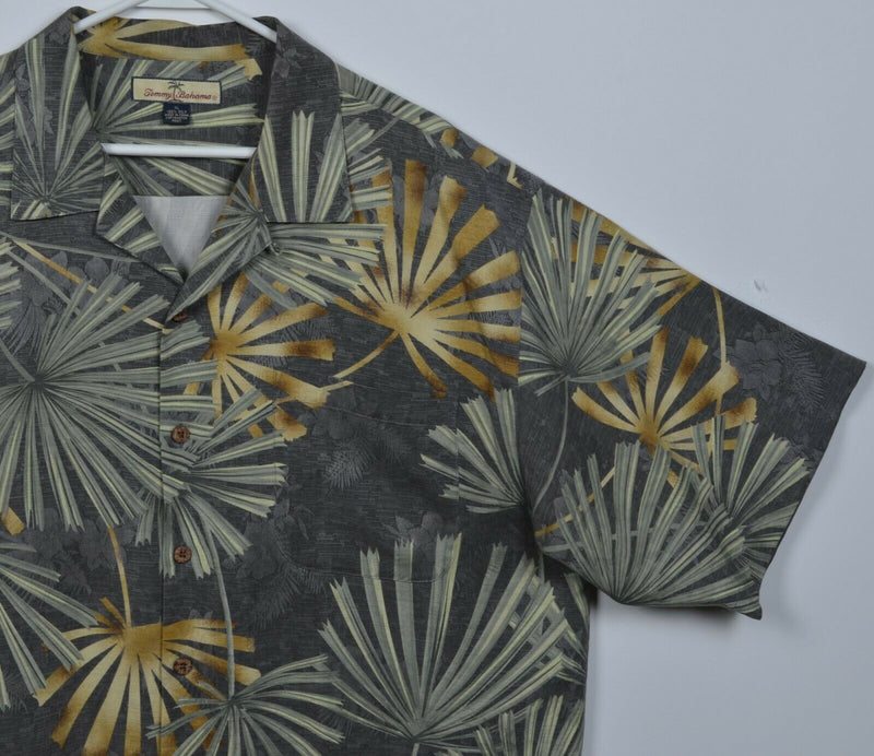 Tommy Bahama Men's XL 100% Silk Gray Floral Palm Leaves Hawaiian Aloha Shirt