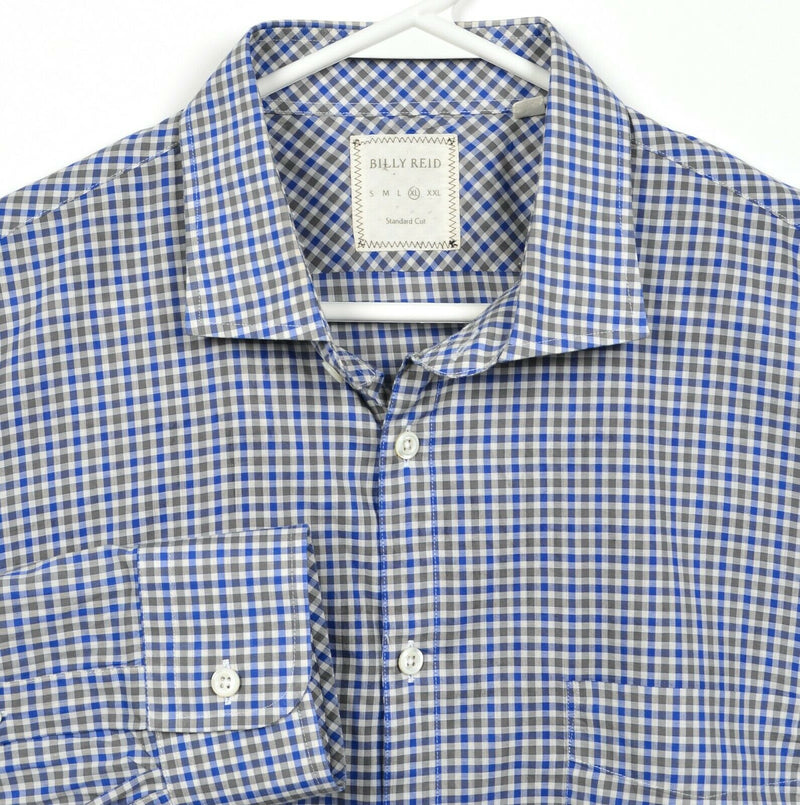 Billy Reid Men XL Standard Cut Blue Gray Check Spread Collar Button-Front Shirt