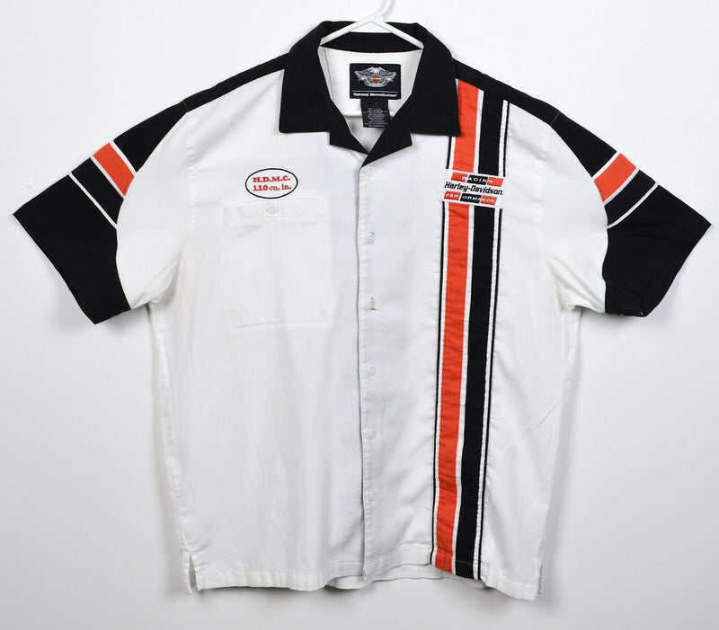 Harley-Davidson Men Large White Orange Stripe Racing Patch Mechanic Biker Shirt