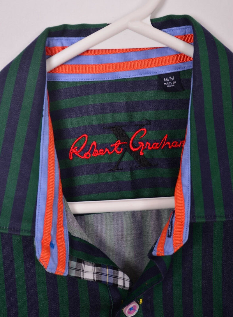 Robert Graham X Men's Sz Medium Flip Cuff Green Blue Striped Shirt
