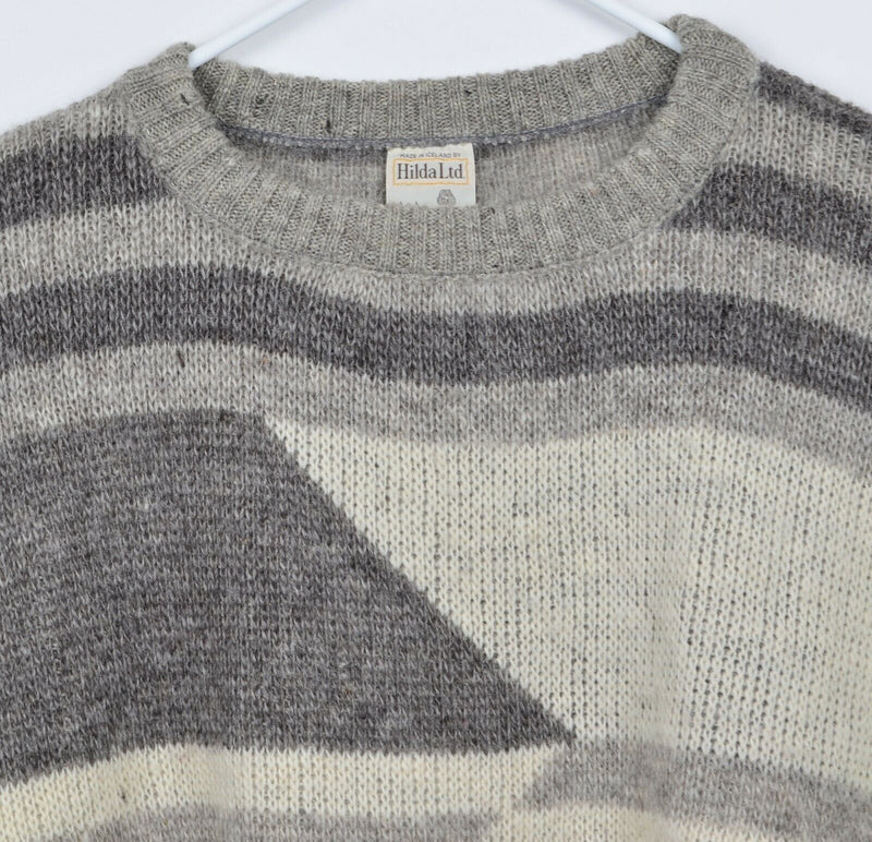 Vtg Hilda Ltd. Men's Sz XL 100% Wool Nordic Iceland Geometric HOLE STAIN Sweater