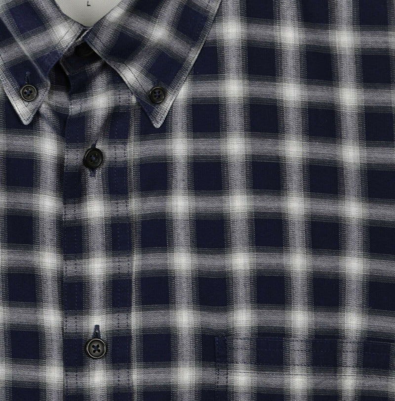 Billy Reid Men's Large Standard Navy Blue Gray Plaid Button-Down Shirt