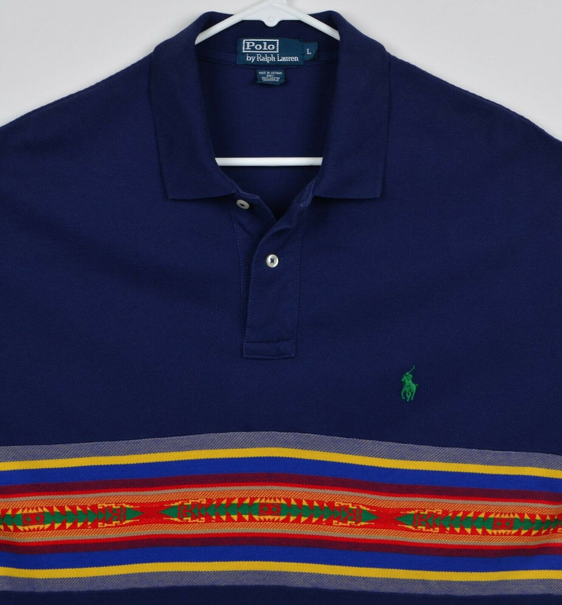 Polo Ralph Lauren Men's Sz Large Aztec Stripe Navy Blue Pony Polo Shirt