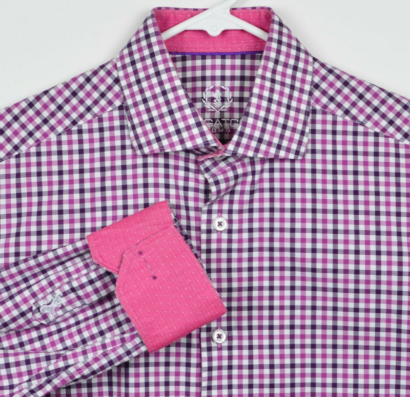 Bugatchi Uomo Men's Sz 15.5 Flip Cuff Pink Purple Plaid Check Long Sleeve Shirt