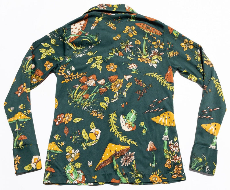 Vintage 70s Mushroom Disco Shirt Womens Medium Polyester Texturized Green Floral