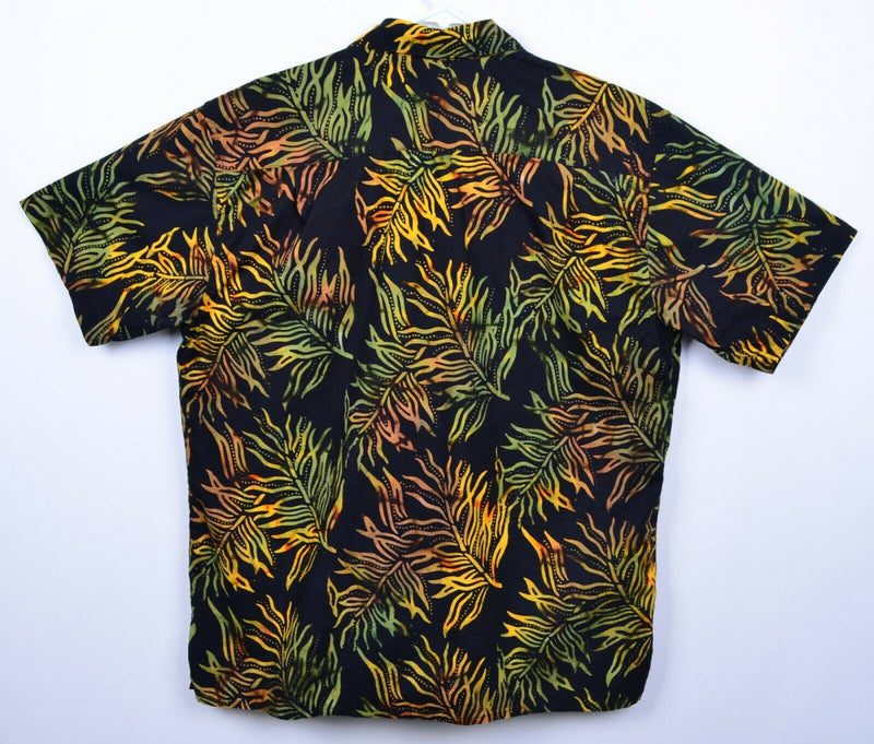 Orvis Men's Sz Medium Floral Palm Leaves Black Green Yellow Hawaiian Camp Shirt