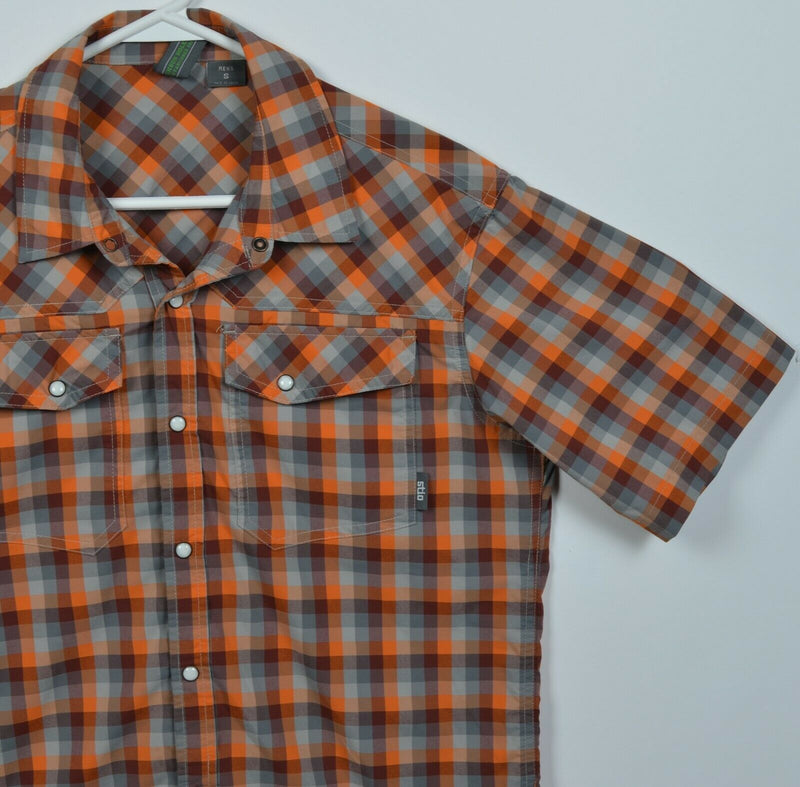 Stio Men's Small Pearl Snap Orange Gray Check Nylon Wicking Western Shirt