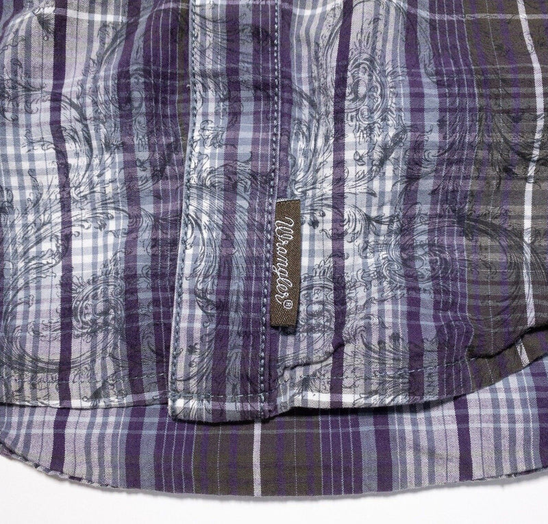 Wrangler Retro Pearl Snap Shirt Men's Large Paisley Plaid Purple Brown Western