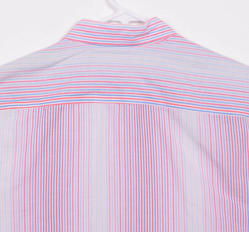 Hartford Men’s 2XL Linen Blend Red Blue Striped Button-Front Pocket Shirt