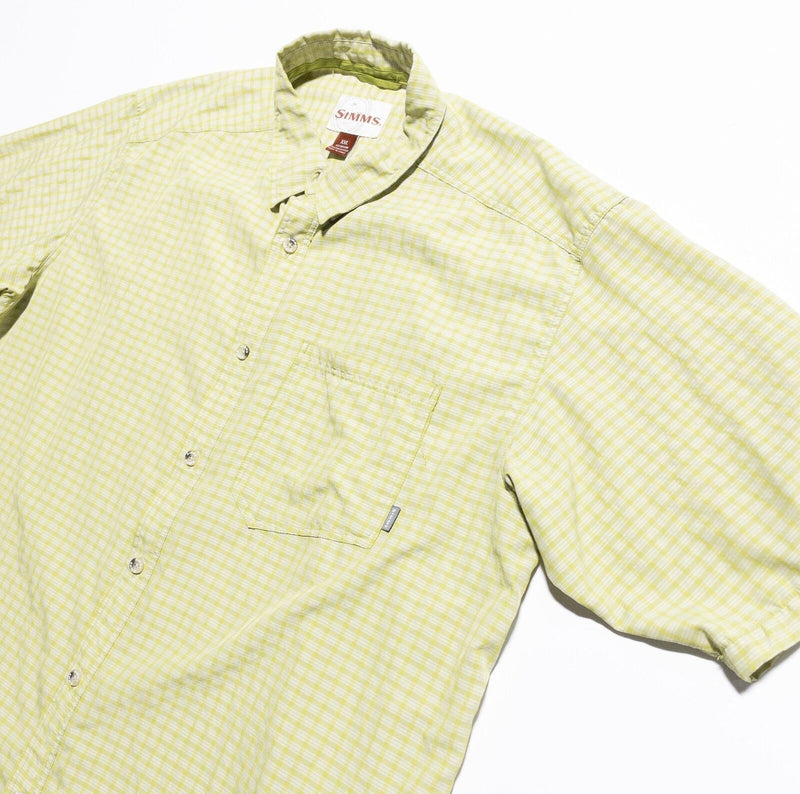 Simms Fishing Shirt Men's 2XL Green/Yellow Check Short Sleeve Button-Up Wicking