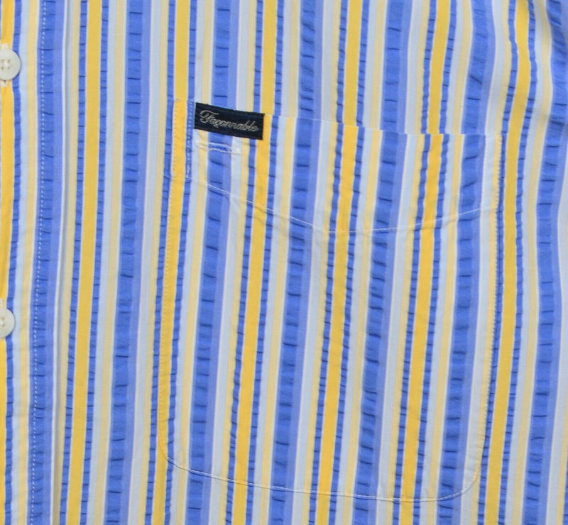 Faconnable Men's Medium Seersucker Blue Yellow Striped Vintage Button-Down Shirt