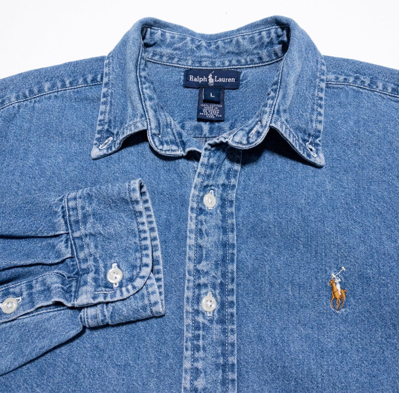 Polo Ralph Lauren Denim Shirt Boy Large Vintage 90s Indigo Blue Pony Button-Down