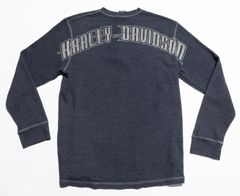 Harley-Davidson Henley T-Shirt Mens Large Engine Long Sleeve Gray Waffle Thermal