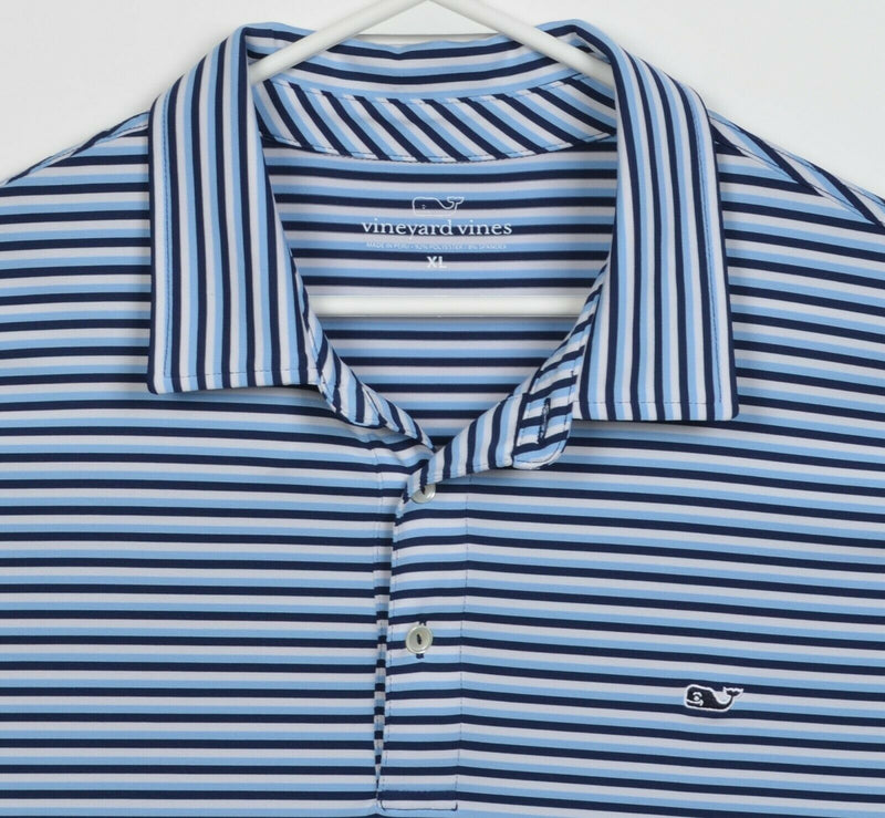 Vineyard Vines Men's XL Blue Striped Whale Polyester Wicking Golf Polo Shirt