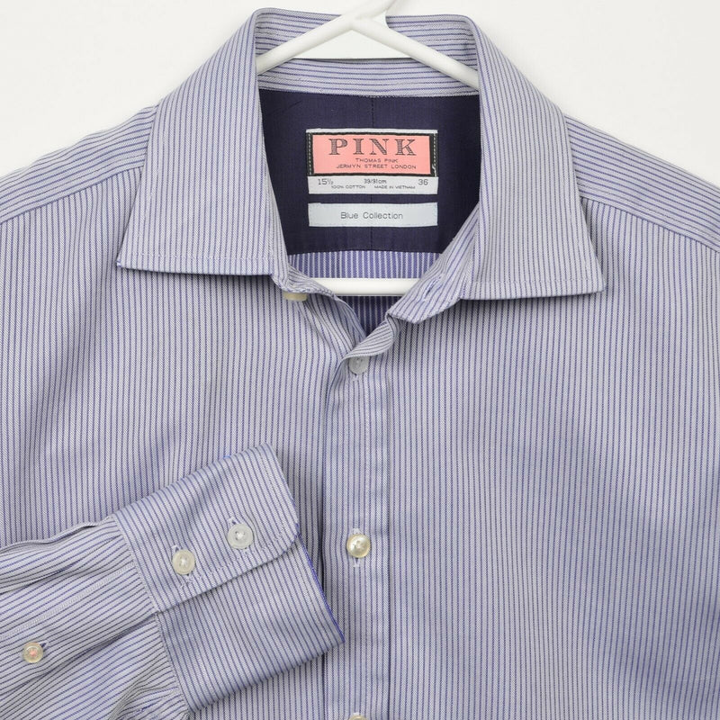 Thomas Pink Men's 15.5-36 Blue Collection Blue Striped Button-Front Dress Shirt