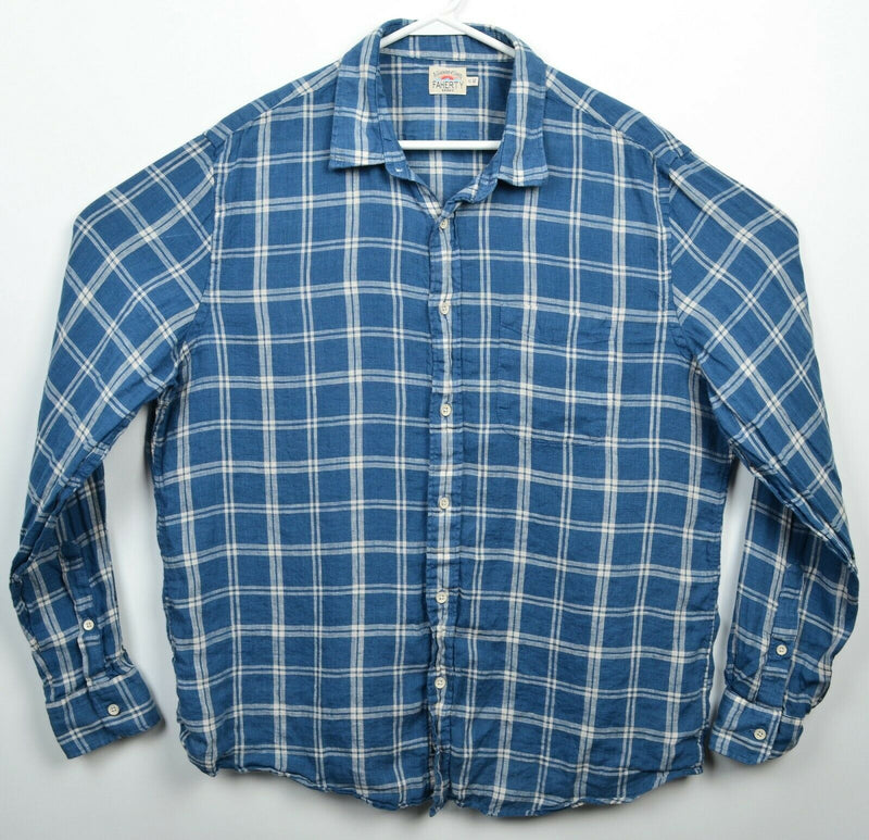 Faherty Brand Men's XL 100% Linen Blue Plaid Long Sleeve Button-Front Shirt