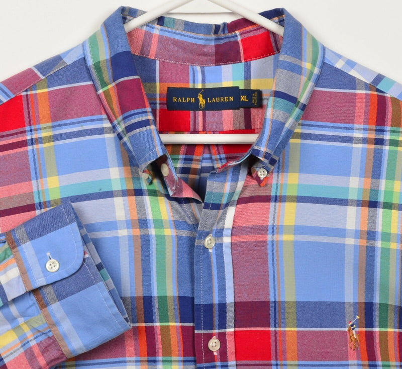 Polo Ralph Lauren Men's XL Blue Red Colorful Plaid Button-Down Shirt