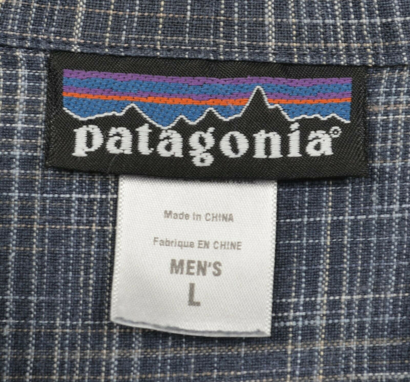 Patagonia Men's Sz Large 100% Hemp Navy Blue Plaid Hiking Short Sleeve Shirt