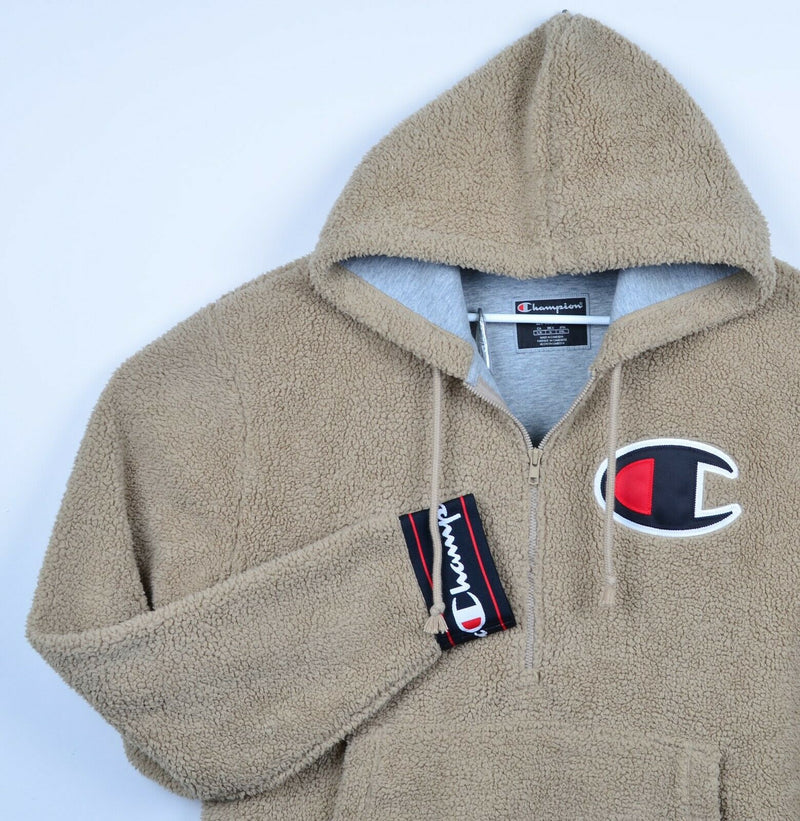 Champion Men's Large Sherpa Fleece Big Logo Spell Out Khaki Hoodie Jacket