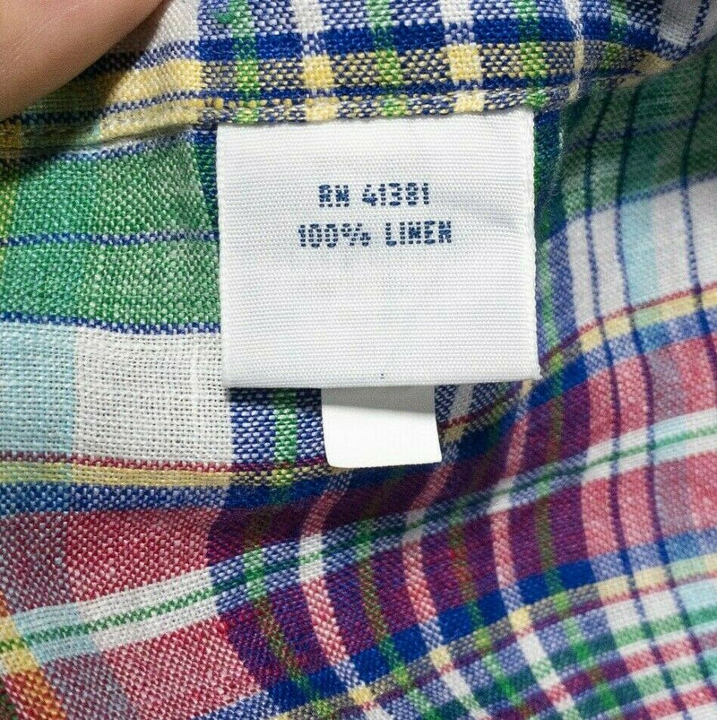 Polo Ralph Lauren Men's Large 100% Linen Multi-Color Red Green Blue Plaid Shirt